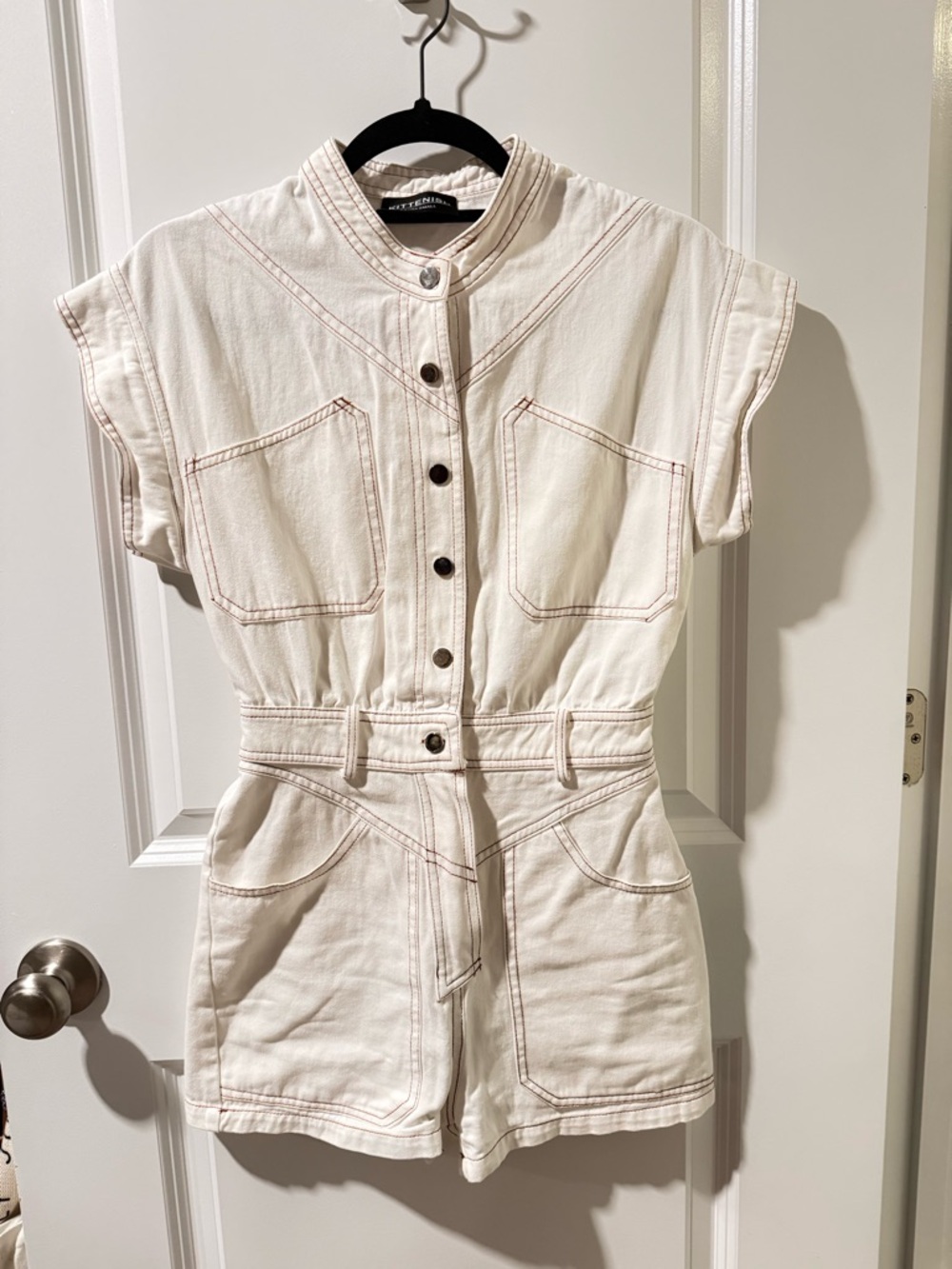 KITTENISH: Oversized Utility Short Jean Romper in Off-White